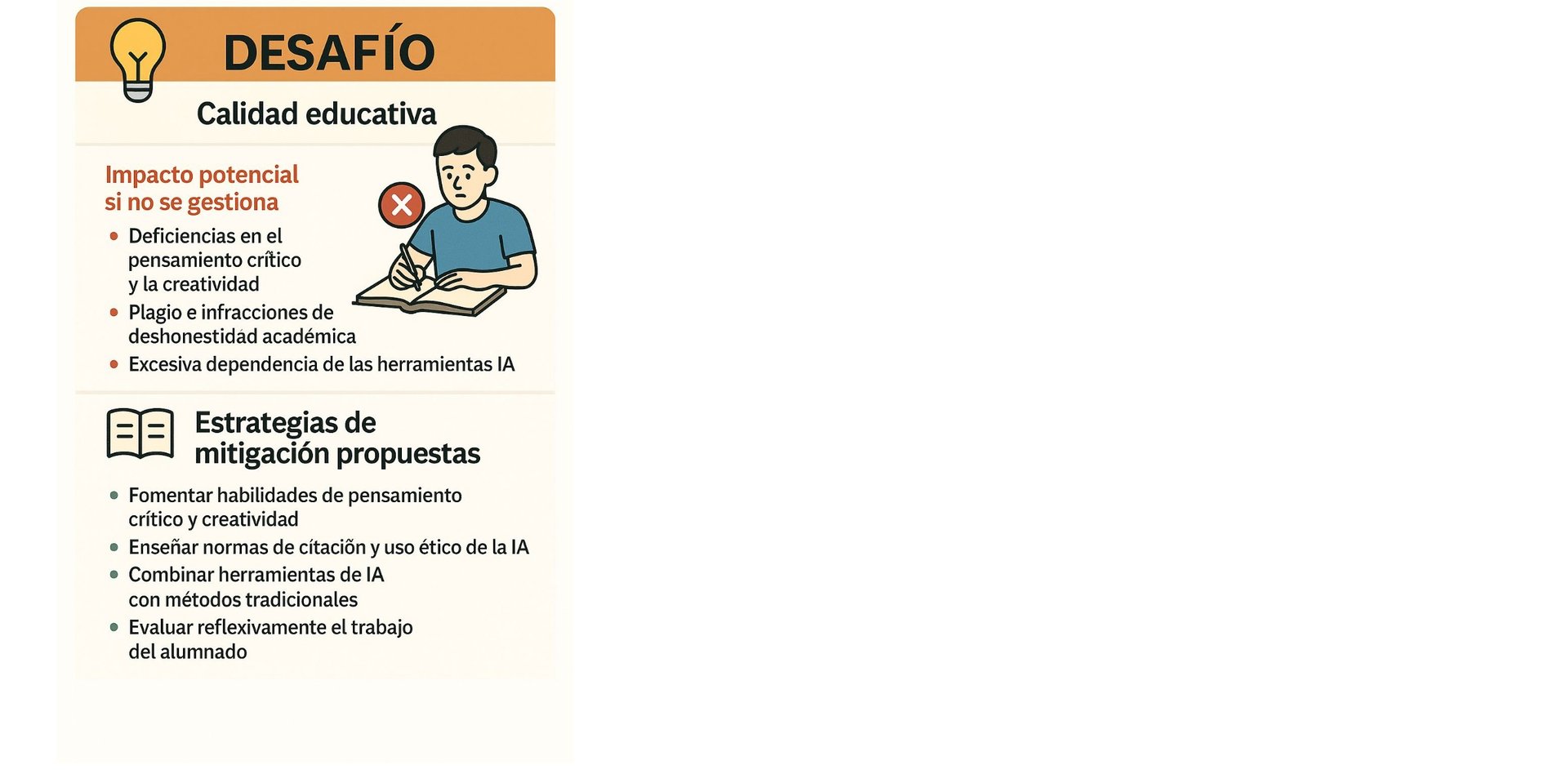 Infografía «Desafío: Calidad educativa» con el impacto potencial y las estrategias de mitigación del uso de la IA generativa
