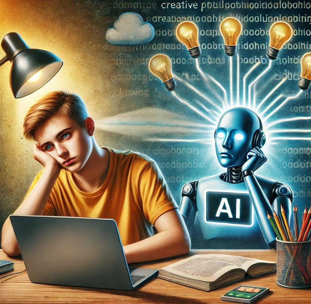 Ilustración de un estudiante desmotivado frente al ordenador, con una IA a su lado que también parece agotada
