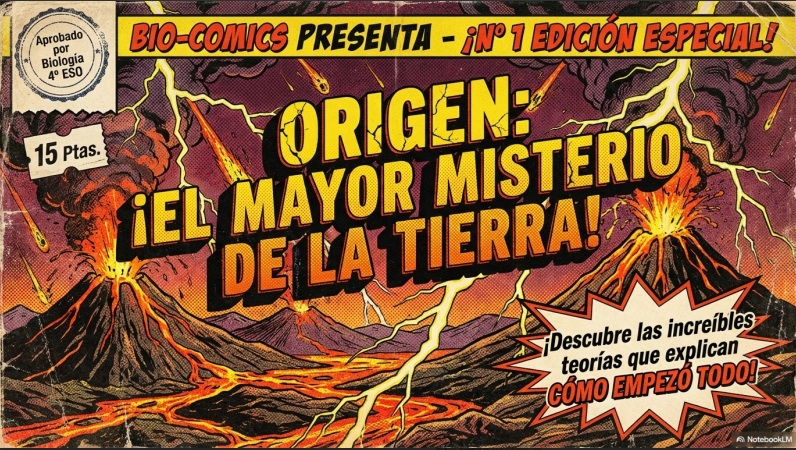 Portada del cómic «Bio-Comics: Origen, el mayor misterio de la Tierra», con estilo retro de los años 70