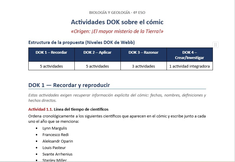 Estructura de las actividades DOK sobre el cómic «Origen: ¡El mayor misterio de la Tierra!»