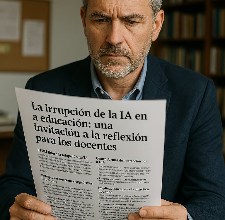 Un docente lee, muy concentrado, un informe titulado «La irrupción de la IA en la educación: una invitación a la reflexión para los docentes»