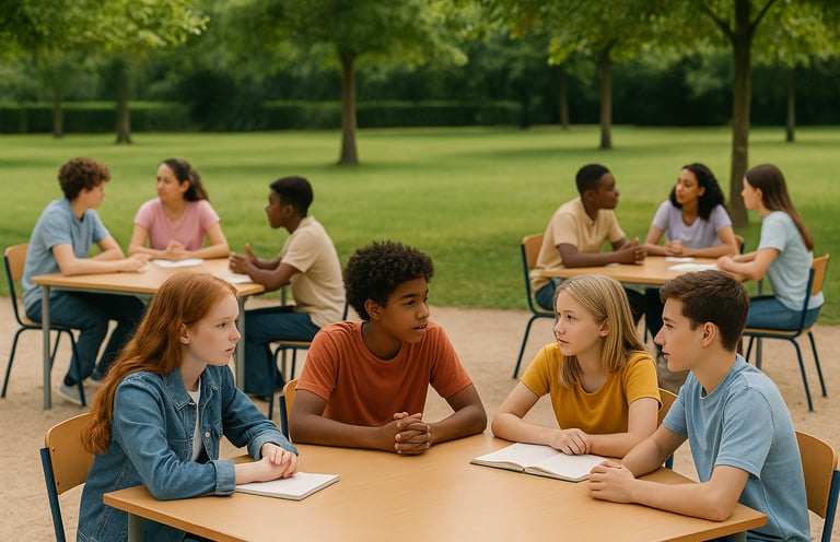 Grupos de alumnos debatiendo al aire libre, más allá del libro de texto