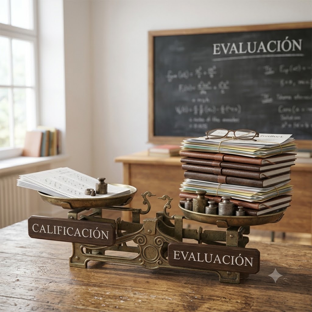 Ilustración de un docente sosteniendo un escudo con la palabra «Evaluación auténtica», rodeado de exigencias de alumnado, familias y burocracia