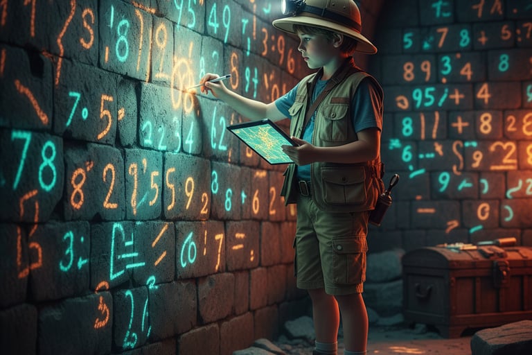 Un niño explorador descifra patrones numéricos en un muro, como metáfora de explorar las matemáticas