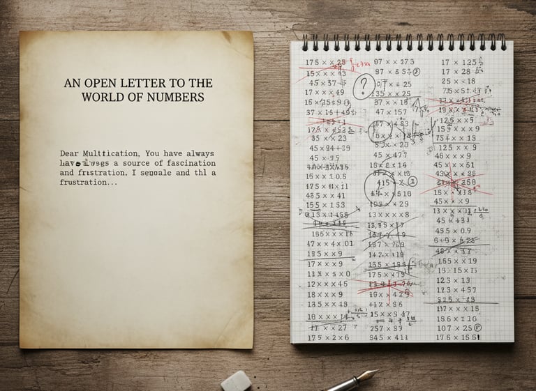 Una carta abierta al mundo de los números, junto a un cuaderno lleno de multiplicaciones corregidas