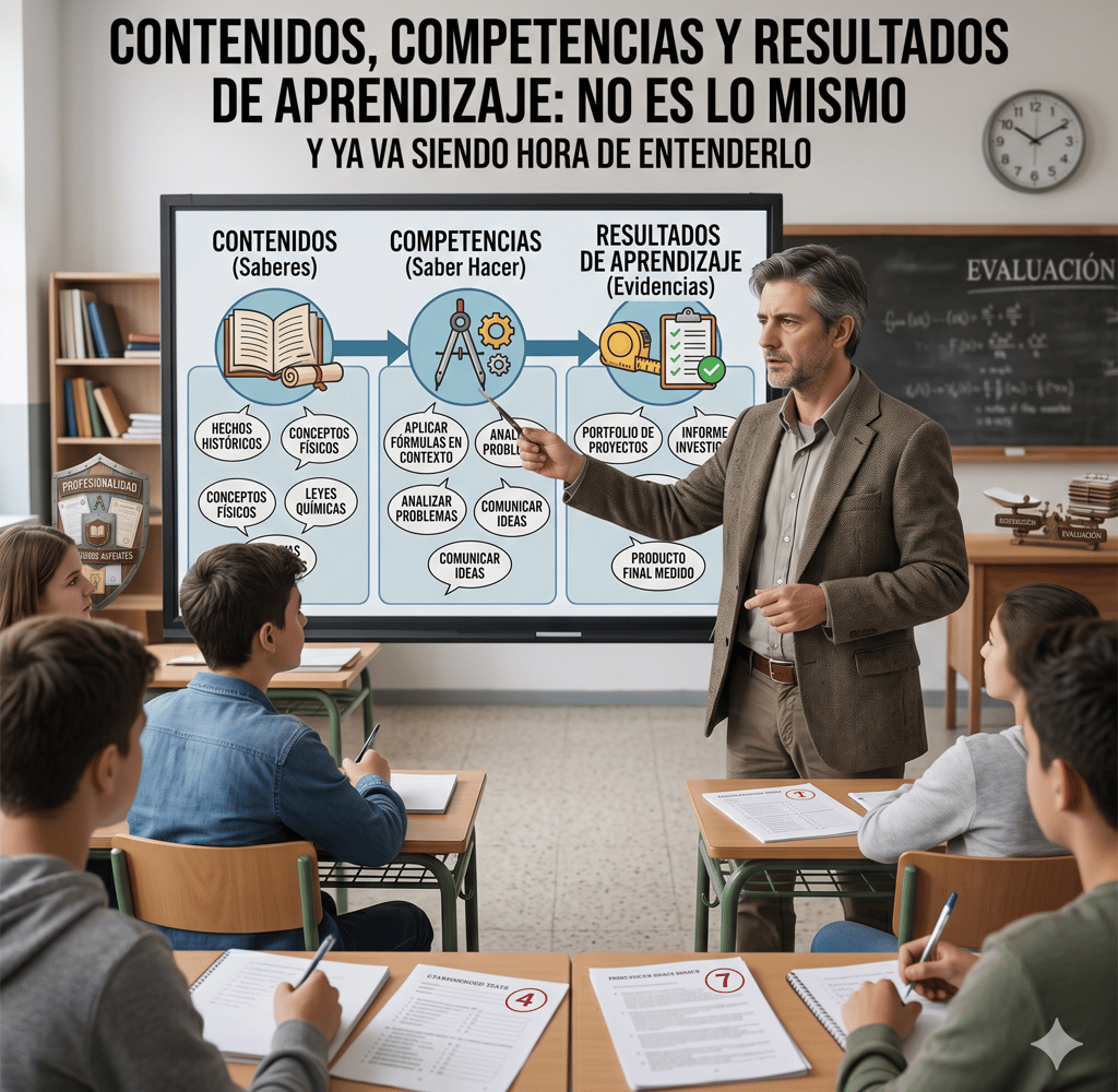 Un docente explica en clase la diferencia entre contenidos, competencias y resultados de aprendizaje