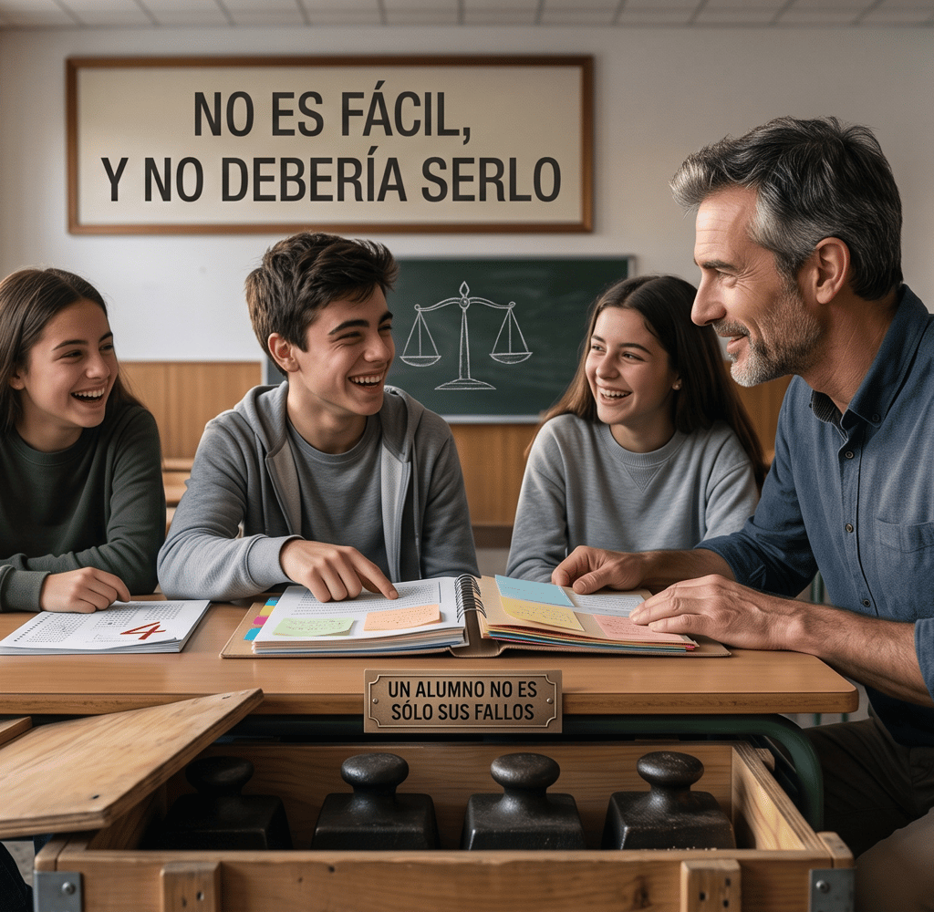 Un docente y su alumnado sonríen juntos: un alumno no es solo sus fallos