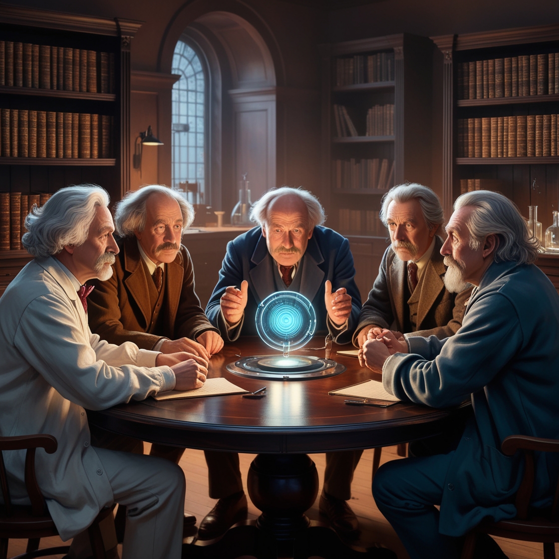 Ilustración de cinco científicos reunidos alrededor de una esfera de luz, representando la entrevista con los modelos atómicos