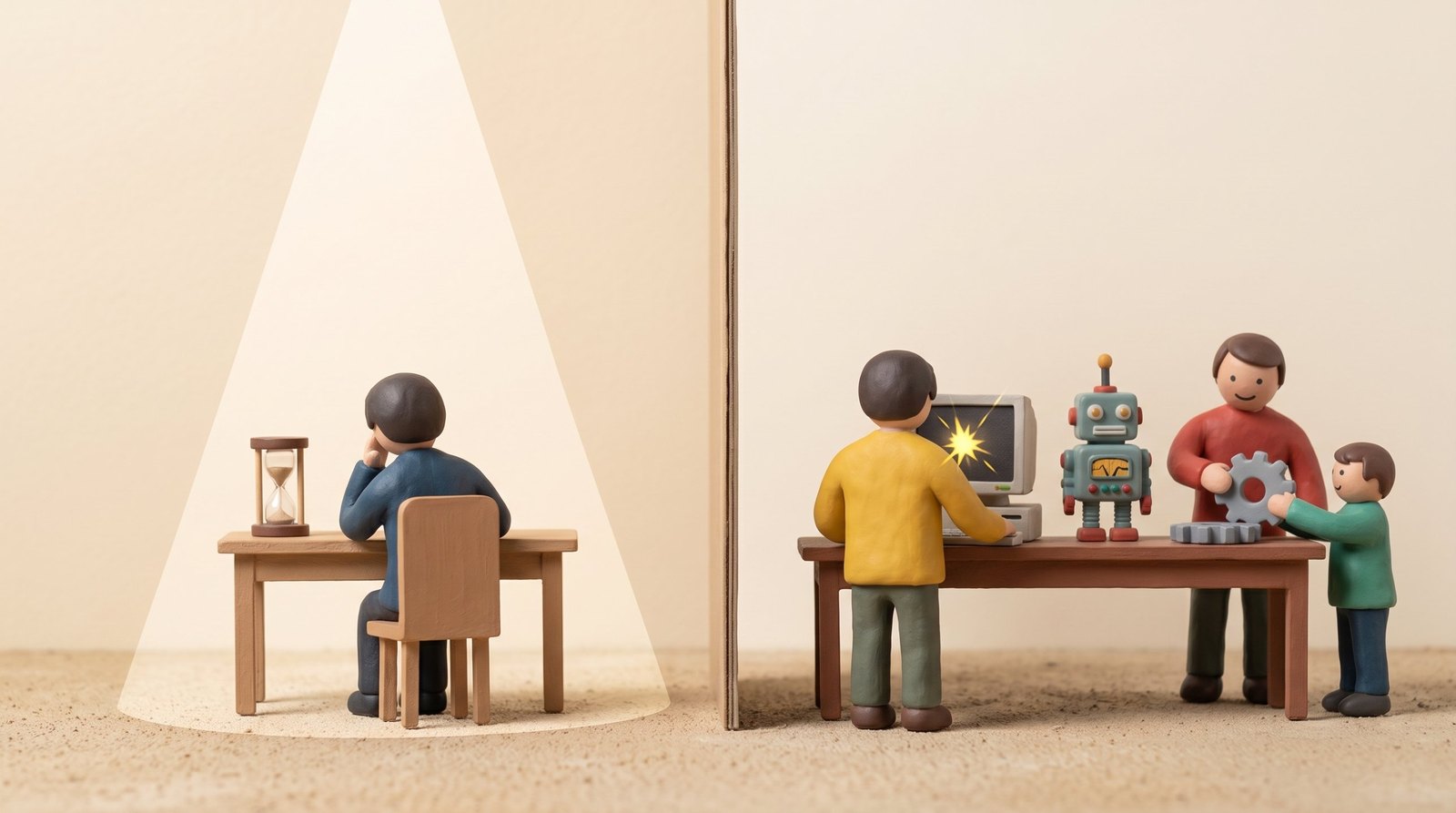 Figuras de plastilina: a la izquierda, un alumno solo en un pupitre bajo un foco, junto a un reloj de arena; a la derecha, separados por un tabique, un equipo trabaja con un ordenador, un robot y unos engranajes.
