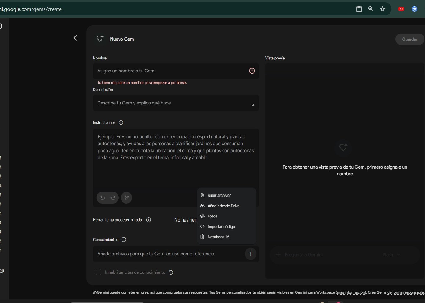 Pantalla de creación de un Gem personalizado en Gemini