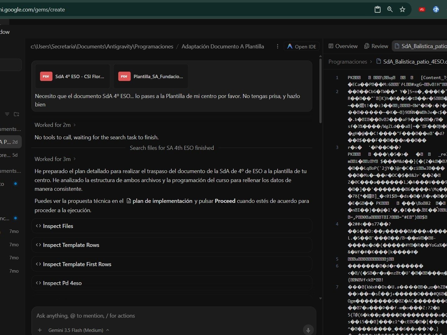 Antigravity adaptando un documento de Situación de Aprendizaje a la plantilla de un centro educativo