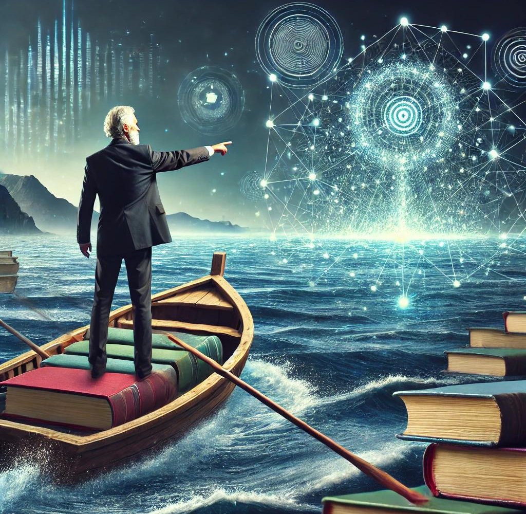 Ilustración simbólica de una persona señalando hacia una red de conocimiento sobre un mar de libros