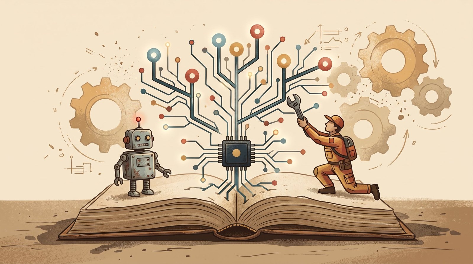 Un libro abierto del que crece un árbol de circuitos con un chip en su centro; sobre sus páginas, un robot y un técnico que ajusta el circuito con una llave inglesa, rodeados de engranajes.