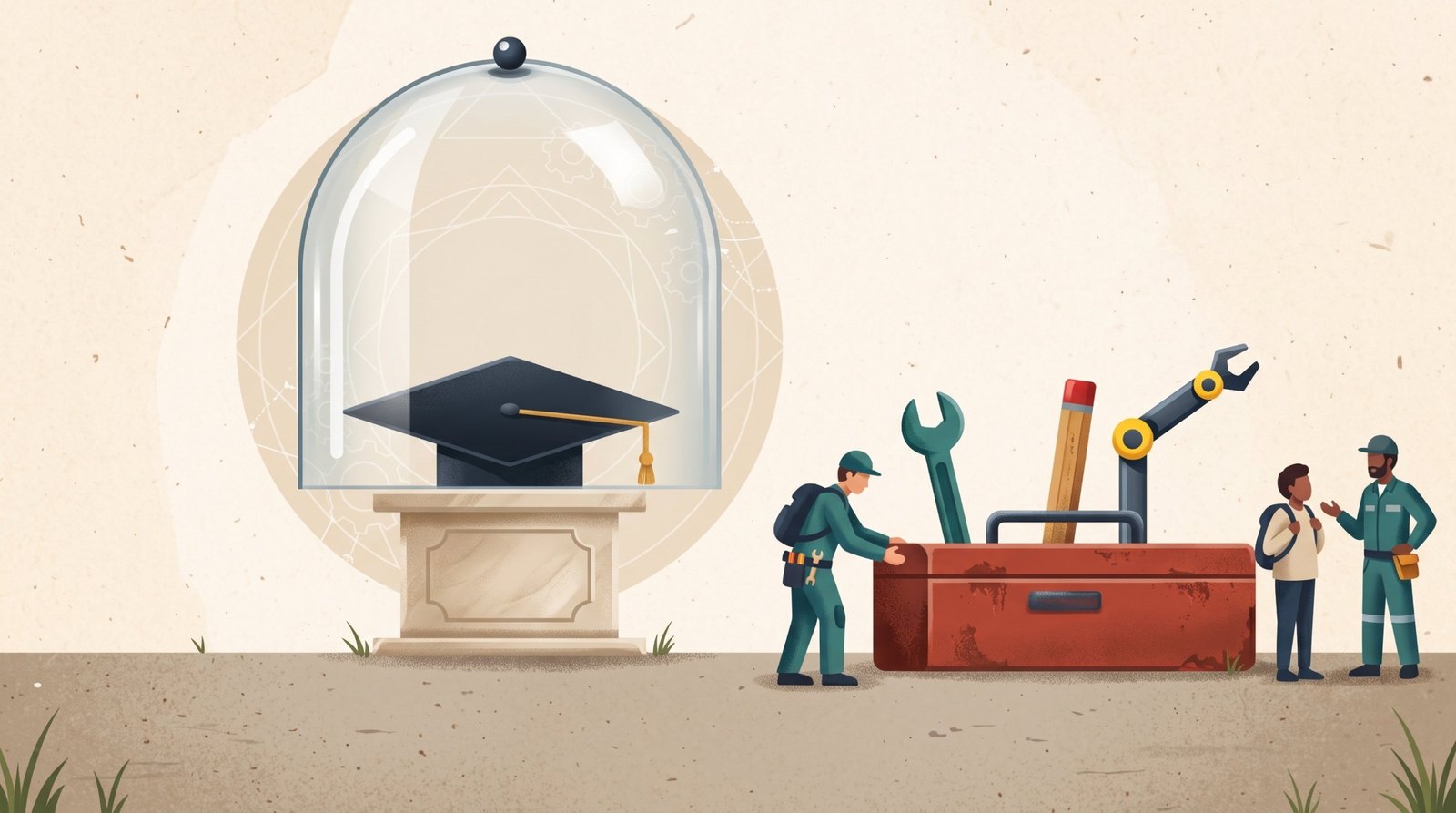 Un birrete de graduación expuesto bajo una campana de cristal sobre un pedestal; al lado, una gran caja de herramientas con un brazo robótico, junto a la que trabajan técnicos y un estudiante conversa con un profesional.